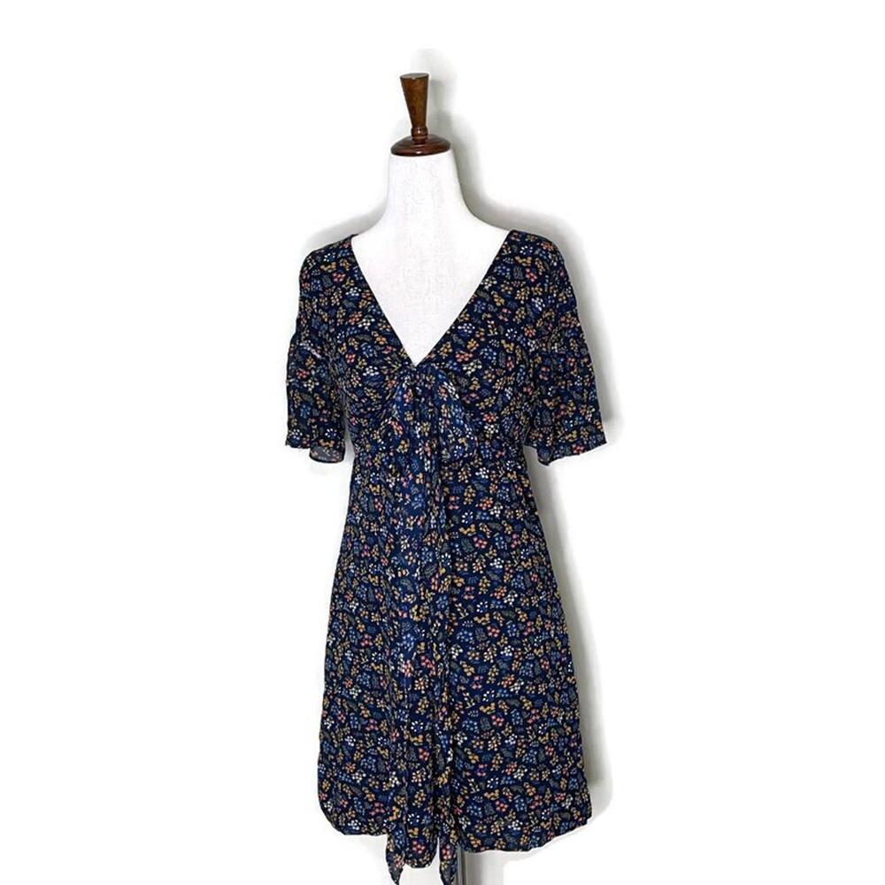 Madewell Cross Front Floral Flutter Sleeve Faux Wrap A Line Tie Dress Blue 4 - Picture 6 of 9